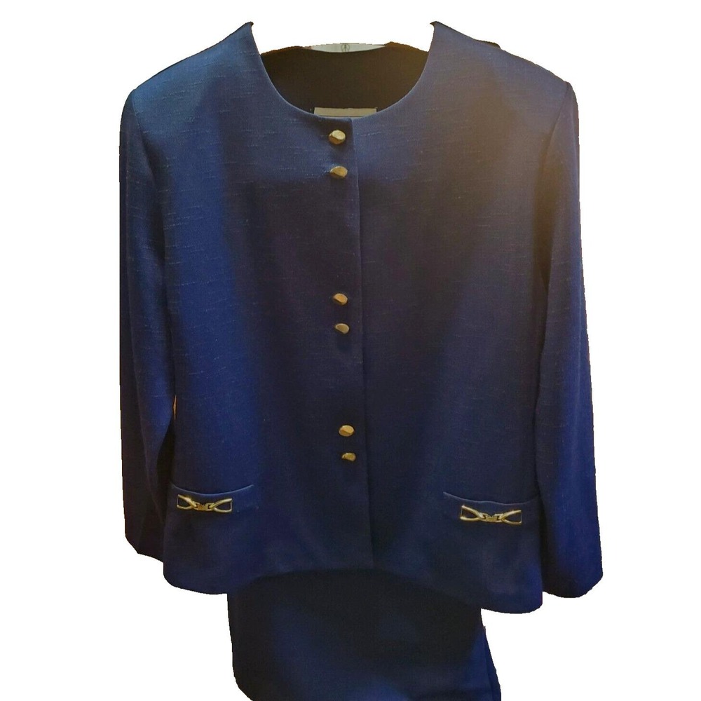VTG 70's Navy Dbl Knit‎ Skirt Suit Gold Buttons Buckles Sz 16 Semi Fitted Pencil